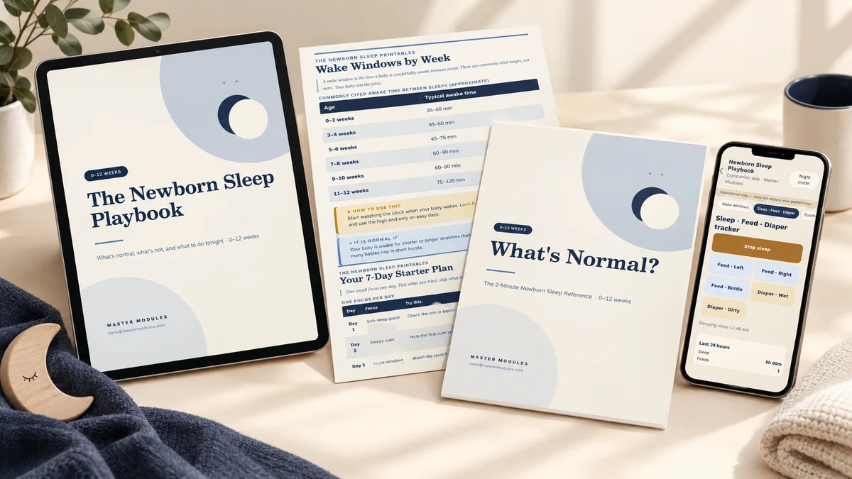 The Newborn Sleep Playbook on a tablet with printable charts, the What's Normal booklet and the companion app