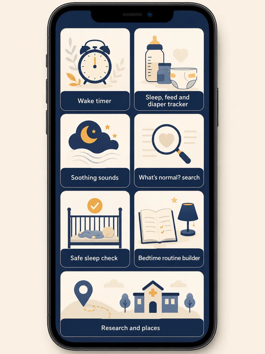 A phone app with a wake timer and a sleep, feed and diaper tracker