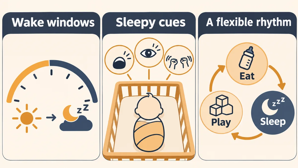Three panels: wake windows, sleepy cues and a flexible eat, play, sleep rhythm