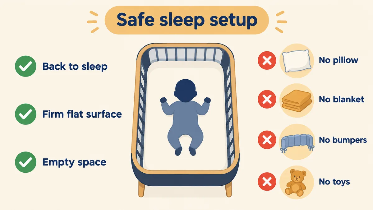 A safe sleep setup graphic: back to sleep, firm flat surface and an empty crib