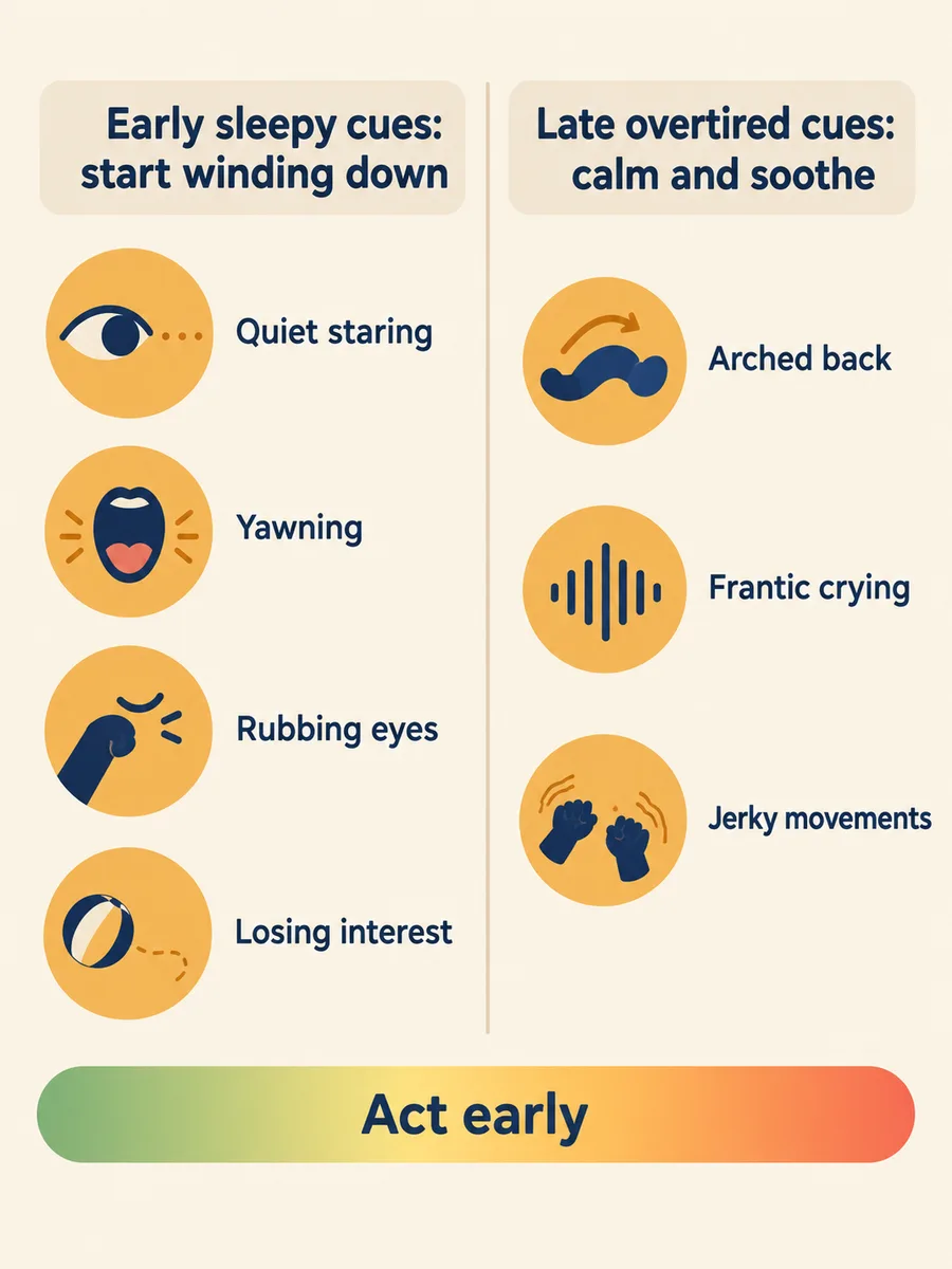 Early sleepy cues versus late overtired cues, so cues lead and the chart backs them up