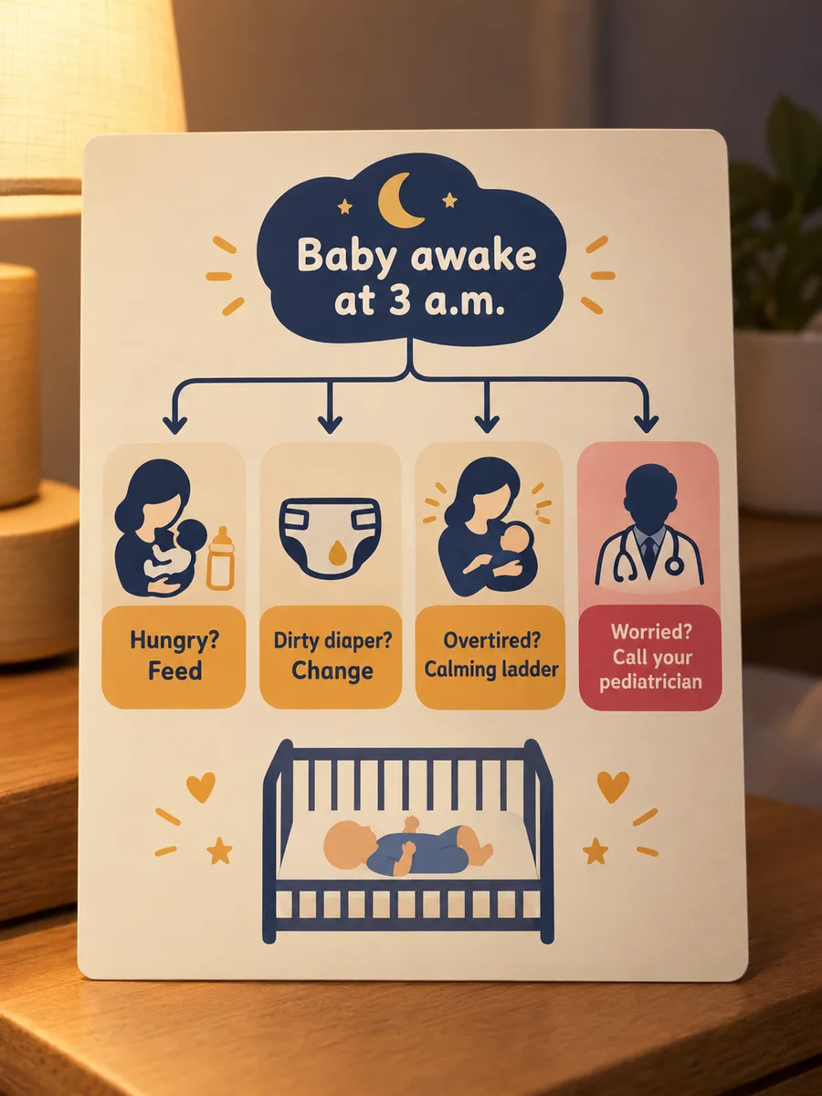 A 3 a.m. card: when baby is awake, feed, change, use the calming ladder or call the pediatrician