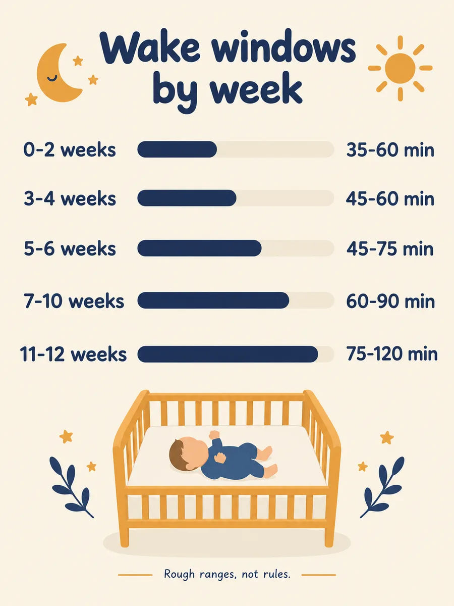 A wake windows by week poster with a bar for each age range from 0–2 to 11–12 weeks