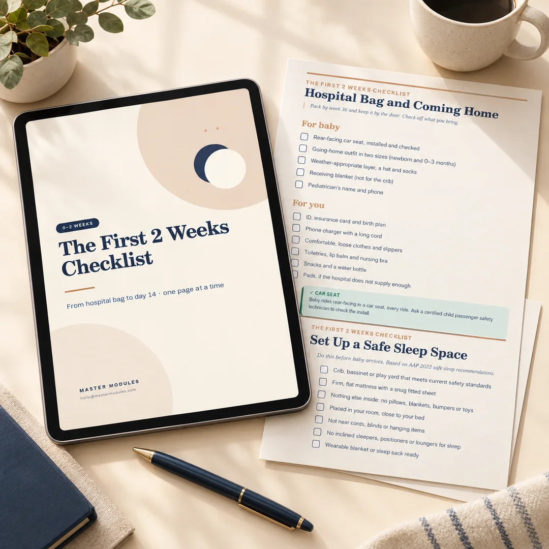 The First 2 Weeks Checklist on a tablet next to printed hospital bag and safe sleep space checklist pages