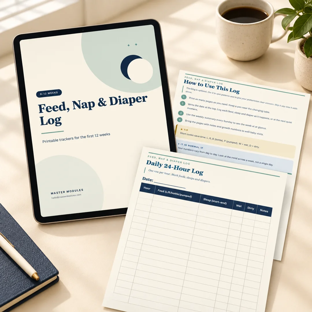 Feed, Nap & Diaper Log: a printable daily 24-hour log with columns for feeds, sleep, wet and dirty diapers