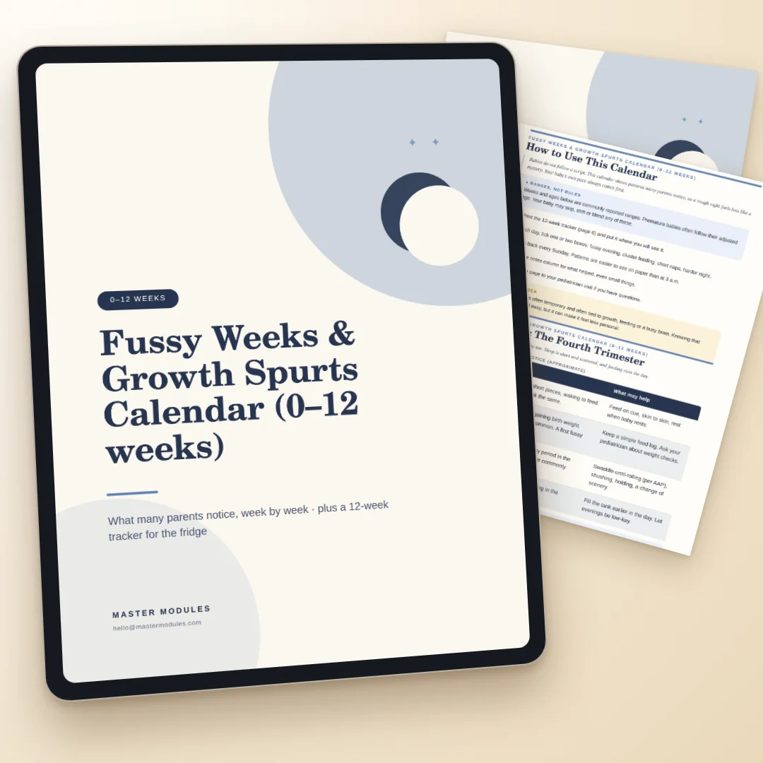 Fussy Weeks & Growth Spurts Calendar for 0 to 12 weeks, with a week-by-week table and a fridge tracker