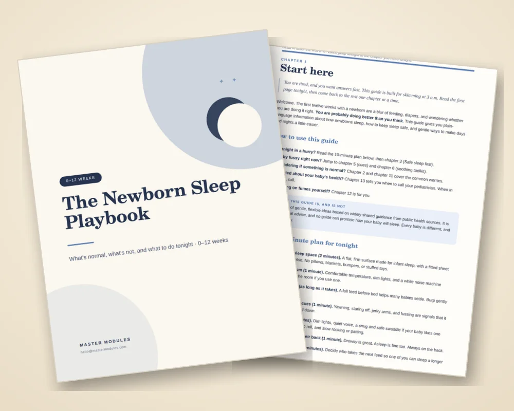 The Newborn Sleep Playbook cover beside a Start here page with a 10-minute plan for tonight