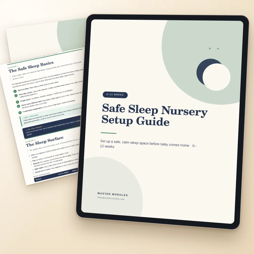 Safe Sleep Nursery Setup Guide on a tablet, with a page on the safe sleep basics