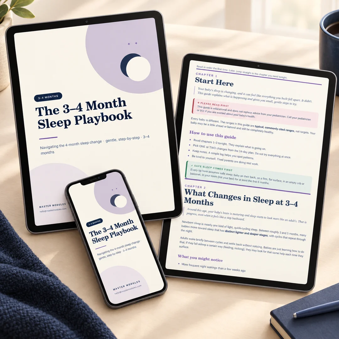 The 3–4 Month Sleep Playbook shown on a tablet and a phone, with its Start Here chapter open