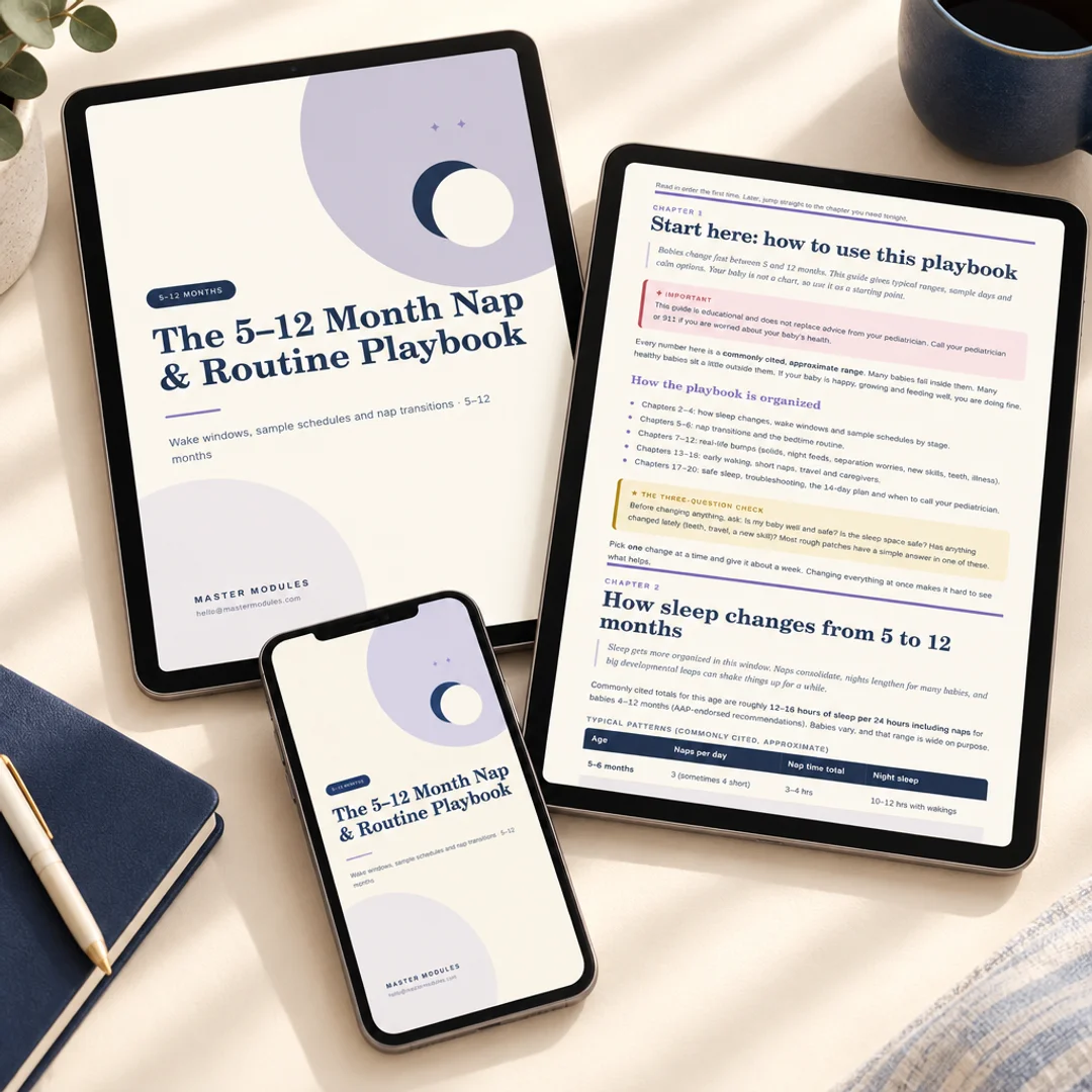 The 5–12 Month Nap & Routine Playbook on a tablet and a phone, showing typical nap patterns by age