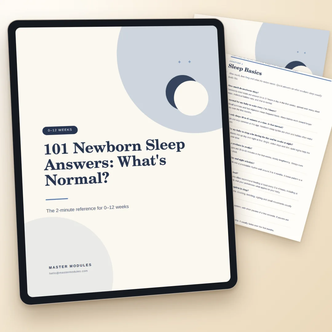 101 Newborn Sleep Answers: What's Normal? on a tablet, with a Sleep Basics page behind it