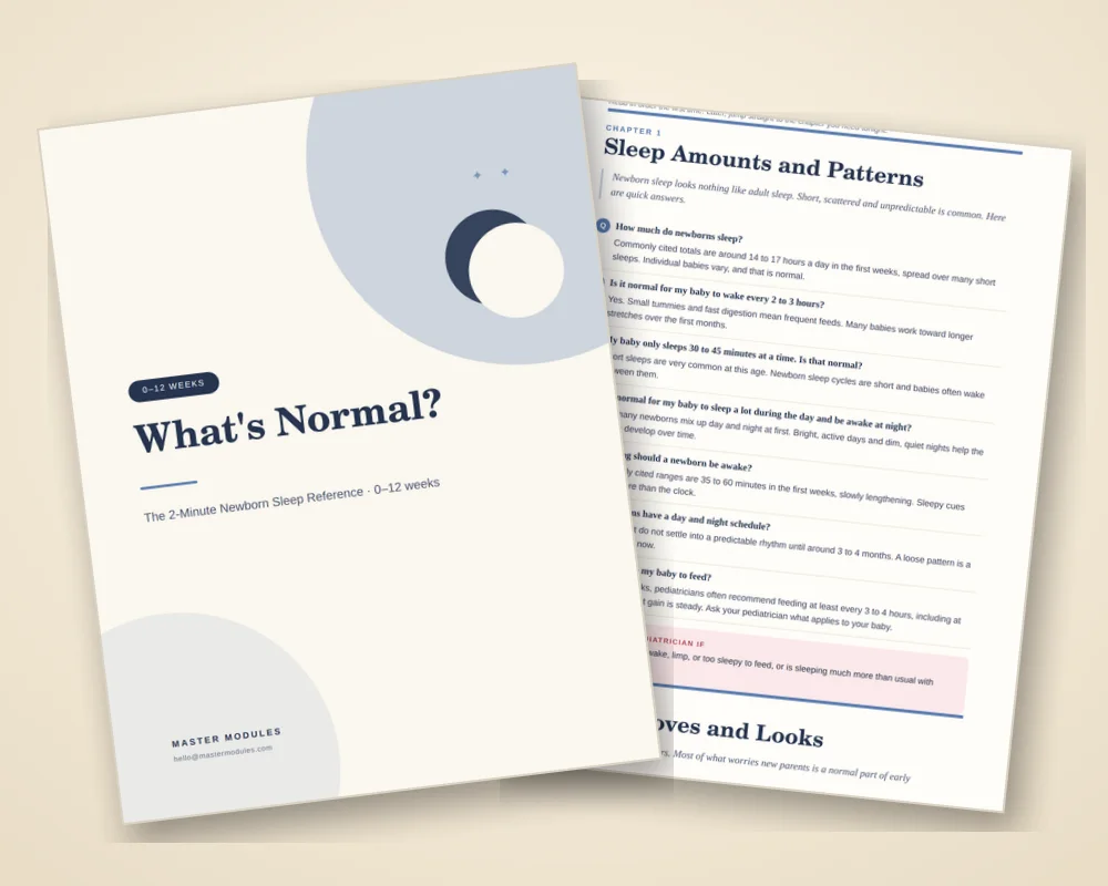 The What's Normal? cover next to a page of short answers on newborn sleep amounts and patterns